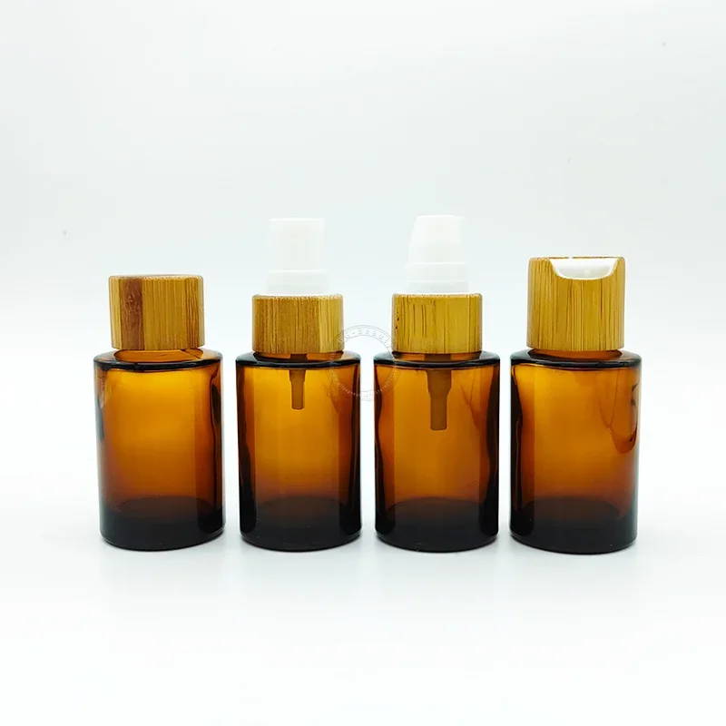 

Glossy Brown Clear Glass Bottles Bamboo Lotions Serum Pump Dispenser Pipette Dropper Bottle EmptyWomen Cosmetic Packaging