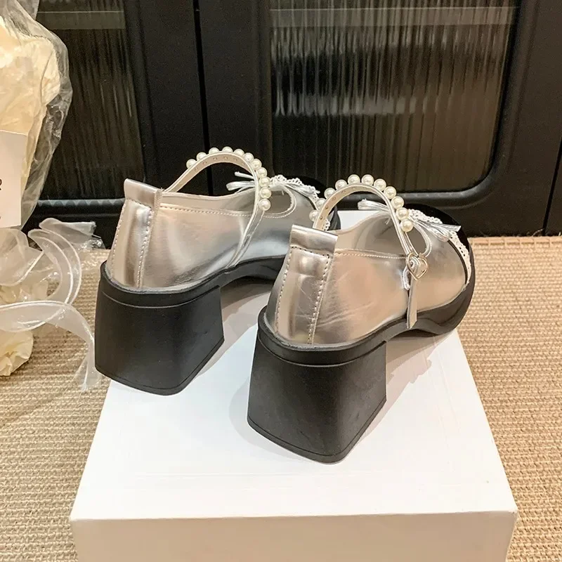 2026Fashion Round Toe Shallow Mouth Pearl One Strap Platform Mary Jane Shoes Color Block Block Heel Single Shoes