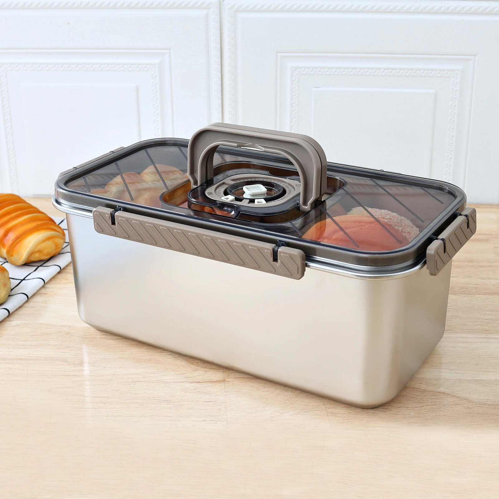 

Хлебница из нержавеющей стали 5,8 л с ручкой, герметичный контейнер для хранения продуктов с функцией записи времени, ланч-бокс для кухни/буфета