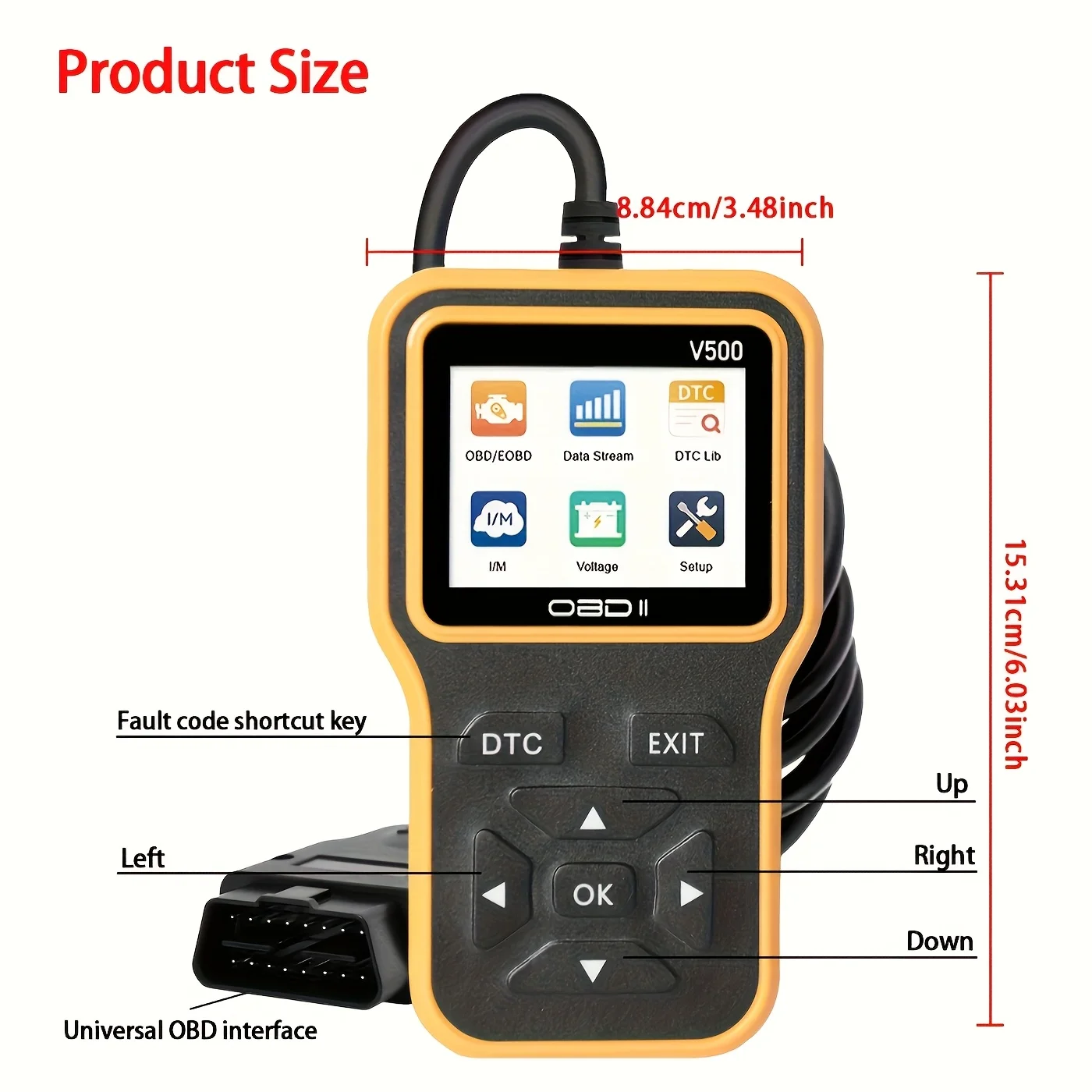 New Obd2 Diagnostic Tool - Fault Code Reader, Voltage Tester, Engine Fault Code Scanner, Charging Test Tool Obdii-V500 Yellow Version, Battery Not Included