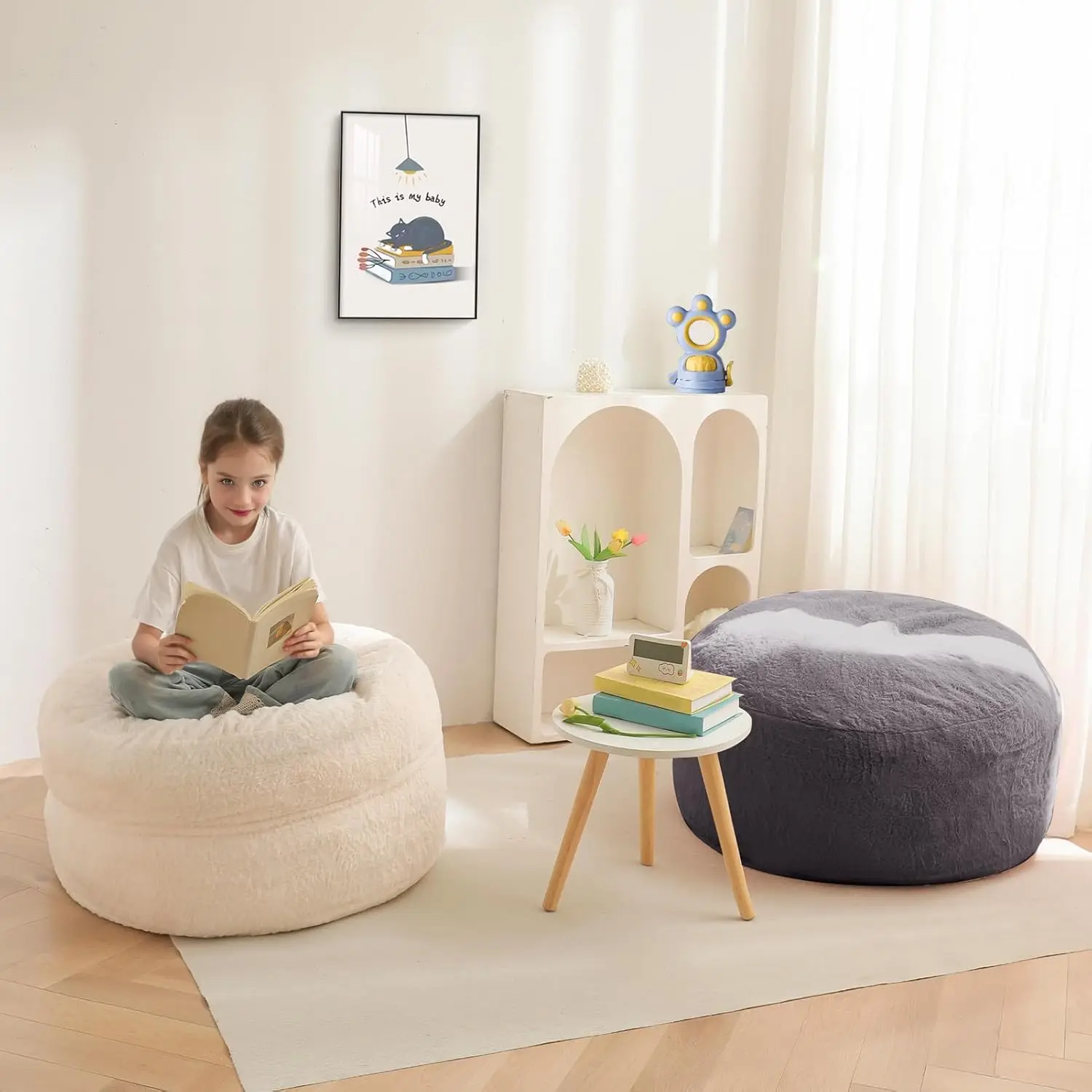 Bean Bag Chair for Kids, Convertible Folds from Lazy Chair to Floor Sofa Couch with High-Density Foam Filling, Dark Grey