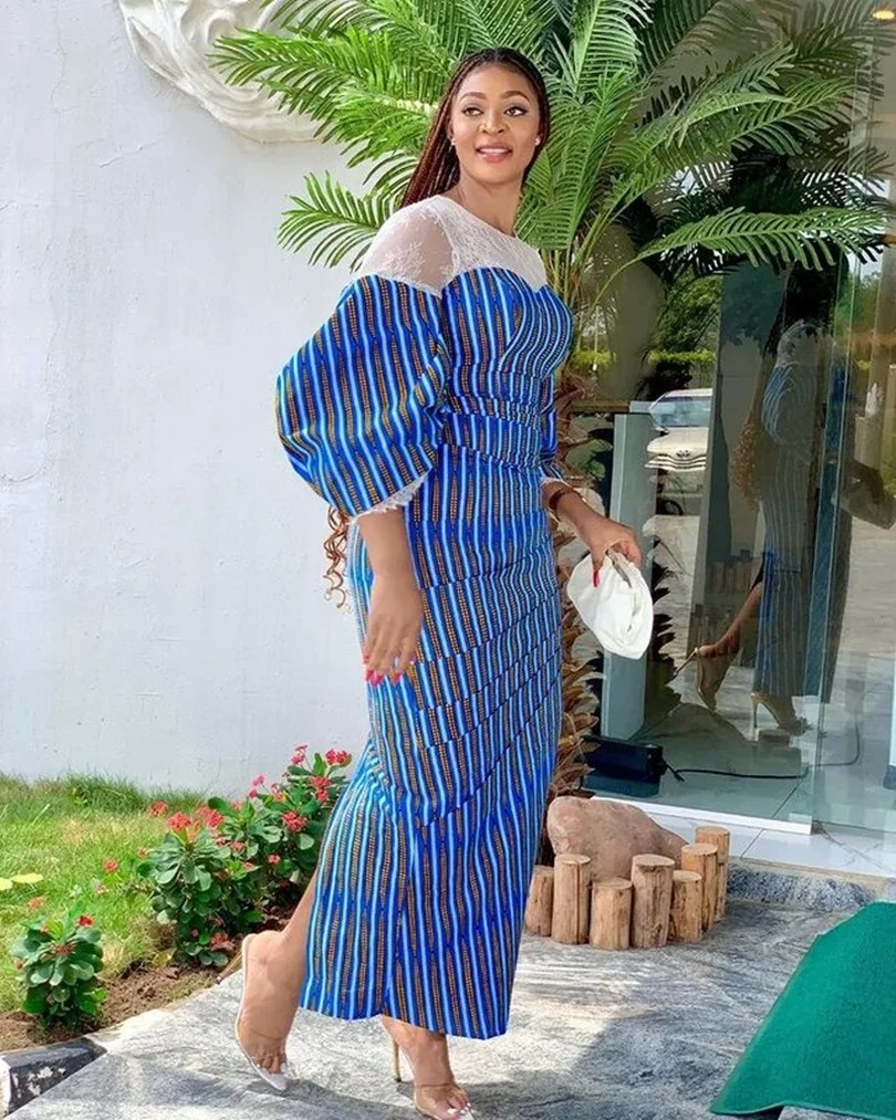 Summer 2022 New Arrival African Women Puff Sleeve Polyester Long Sleeve O-neck Long Dress Maxi Dress African Dresses for Women