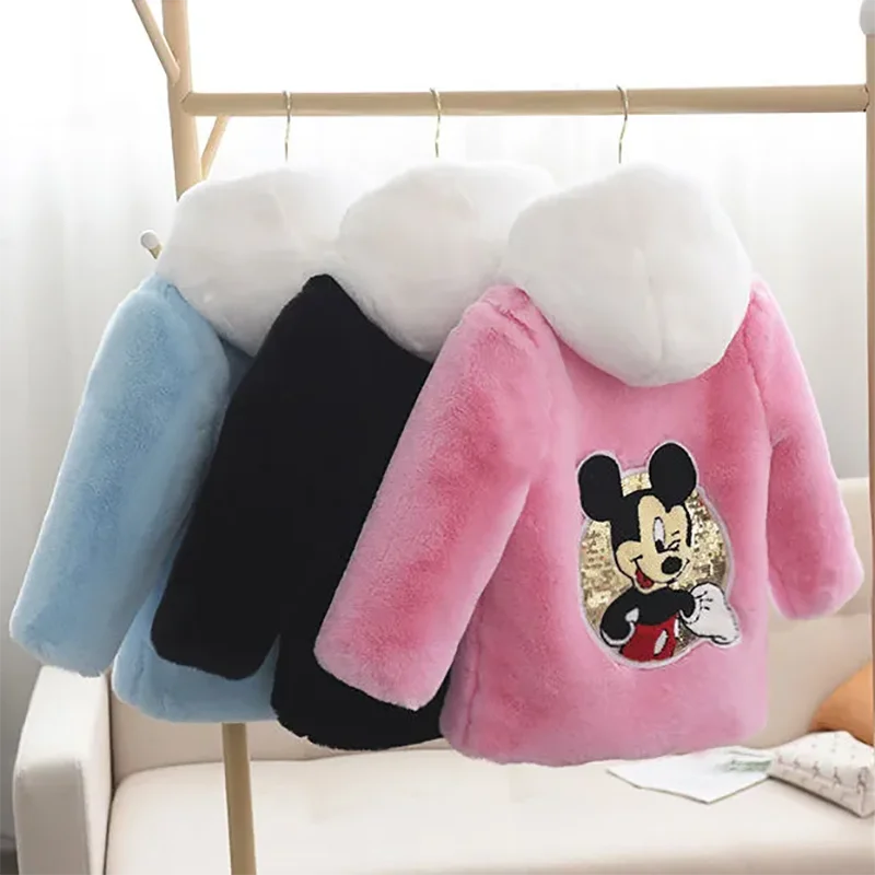 1-10 Years Girls Faux Fur Coat 2024 Winter Fashion Kids Mickey Mouse Thick Hooded Jacket Boys Snow Coats Children Warm Outerwear