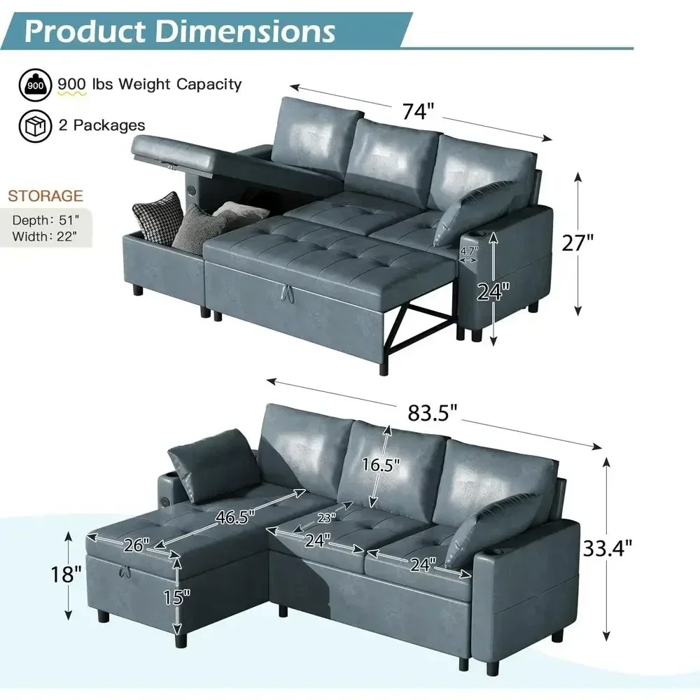 Pull-Out Couch with Suede Leather, Storage, Reversible Chaise, USB & Cup Holders, Blue