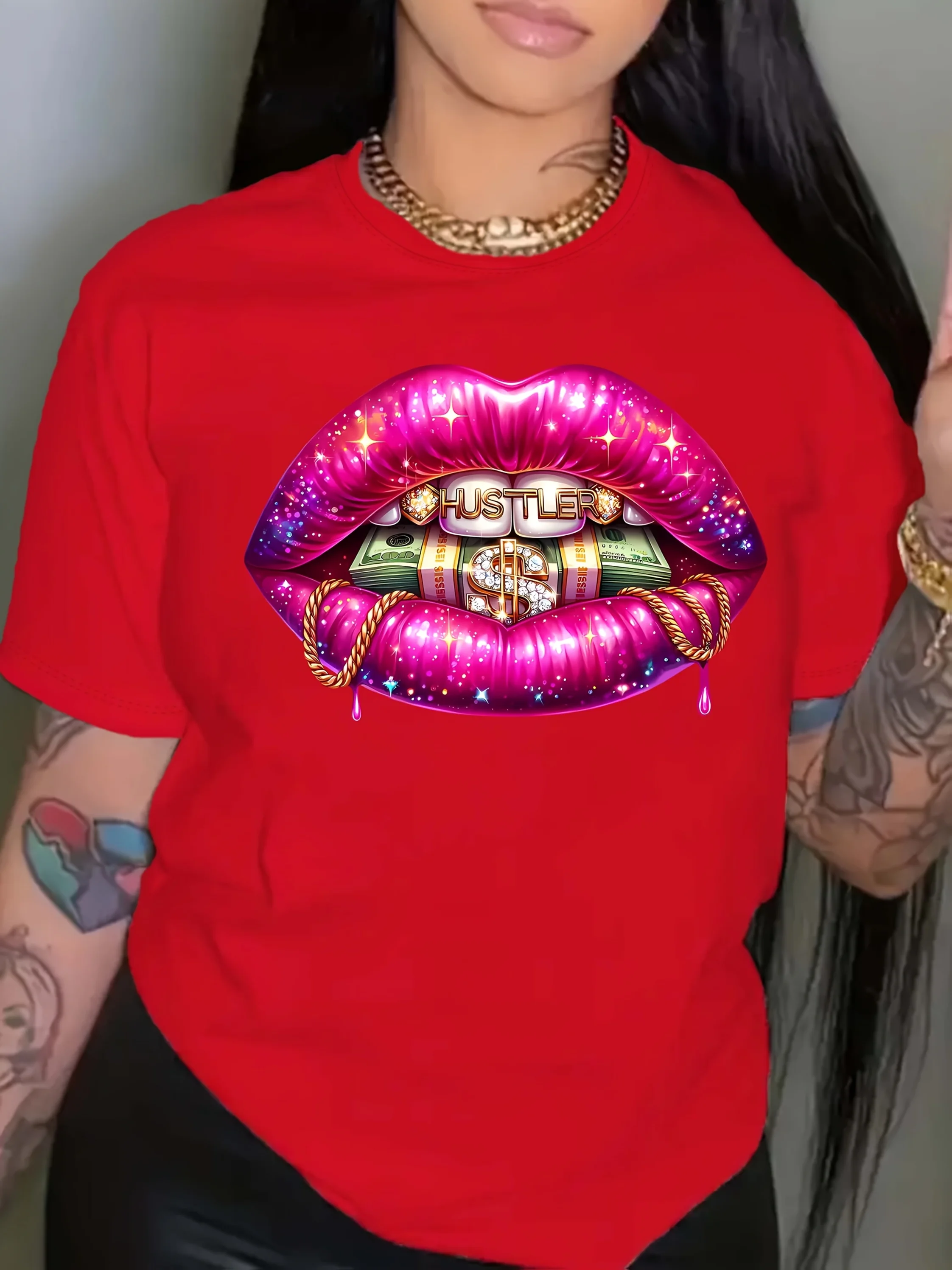 Camiseta con gráfico rosa para mujer ropa informal de manga corta con cuello redondo Harajuku camisetas de calle ropa estética