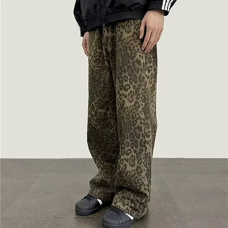 

2023 Cyber Y2K Fashion Leopard Baggy Jeans Pants For Men Clothing Straight Korean Casual Women Old Long Trousers Pantaloni Uomo