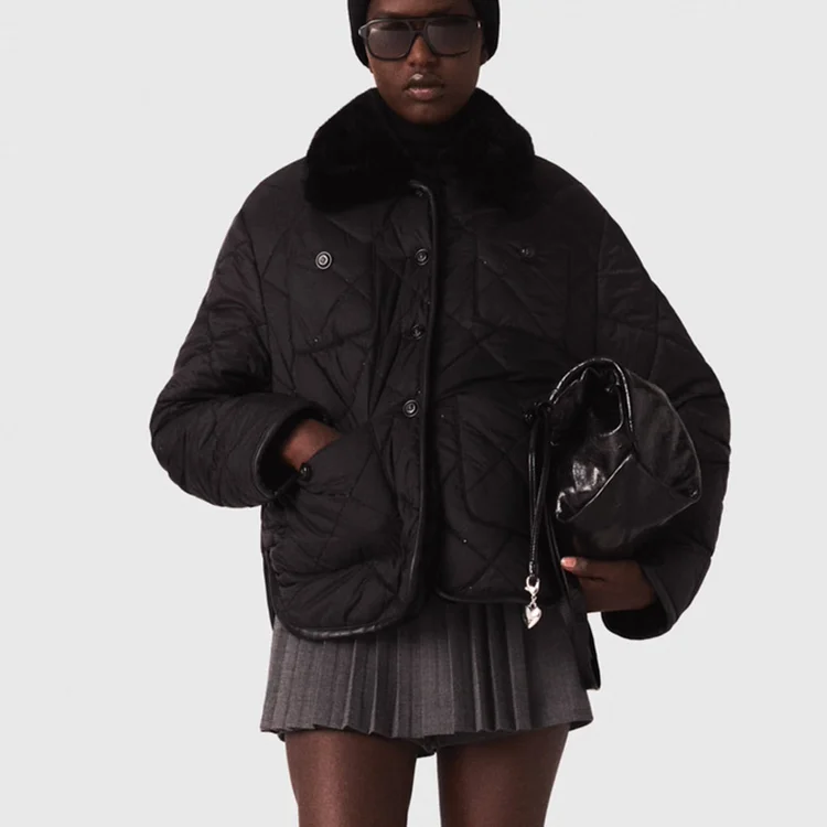 

Модная черная двусторонняя короткая хлопковая куртка с меховым воротником и пайетками от MaSande Street, свободный крой