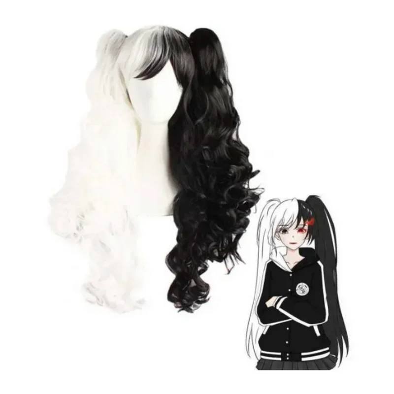 Danganronpa monokuma feminino longo rabo de cavalo encaracolado peruca cosplay traje branco preto mix resistente ao calor perucas de cabelo sintético peruca boné