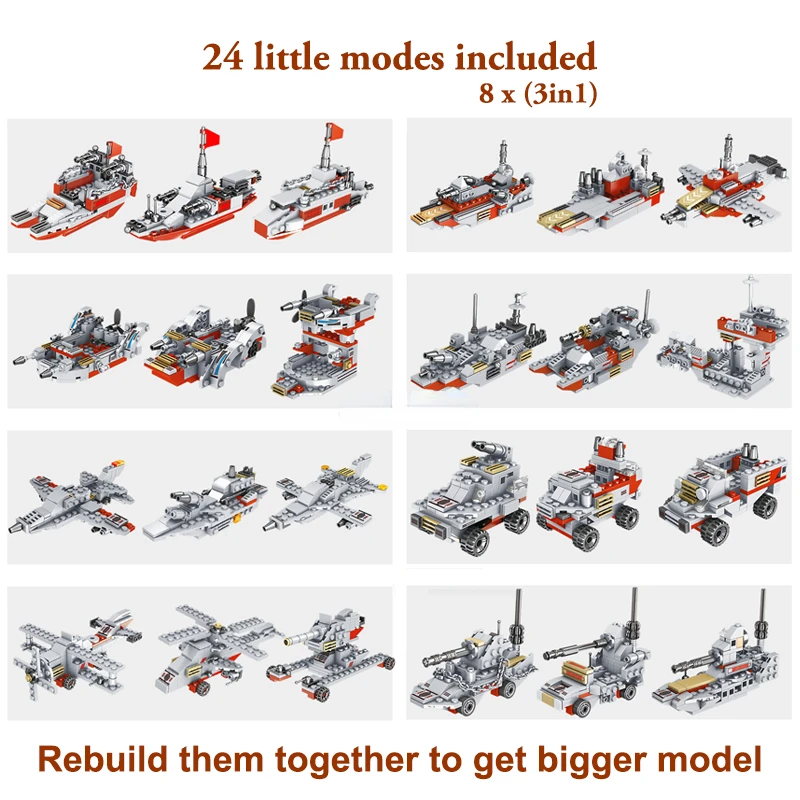 1000+PCS Military Series Warship Fighter Robot Building Blocks Boat Airplane Car Set Toys For Children Gifts