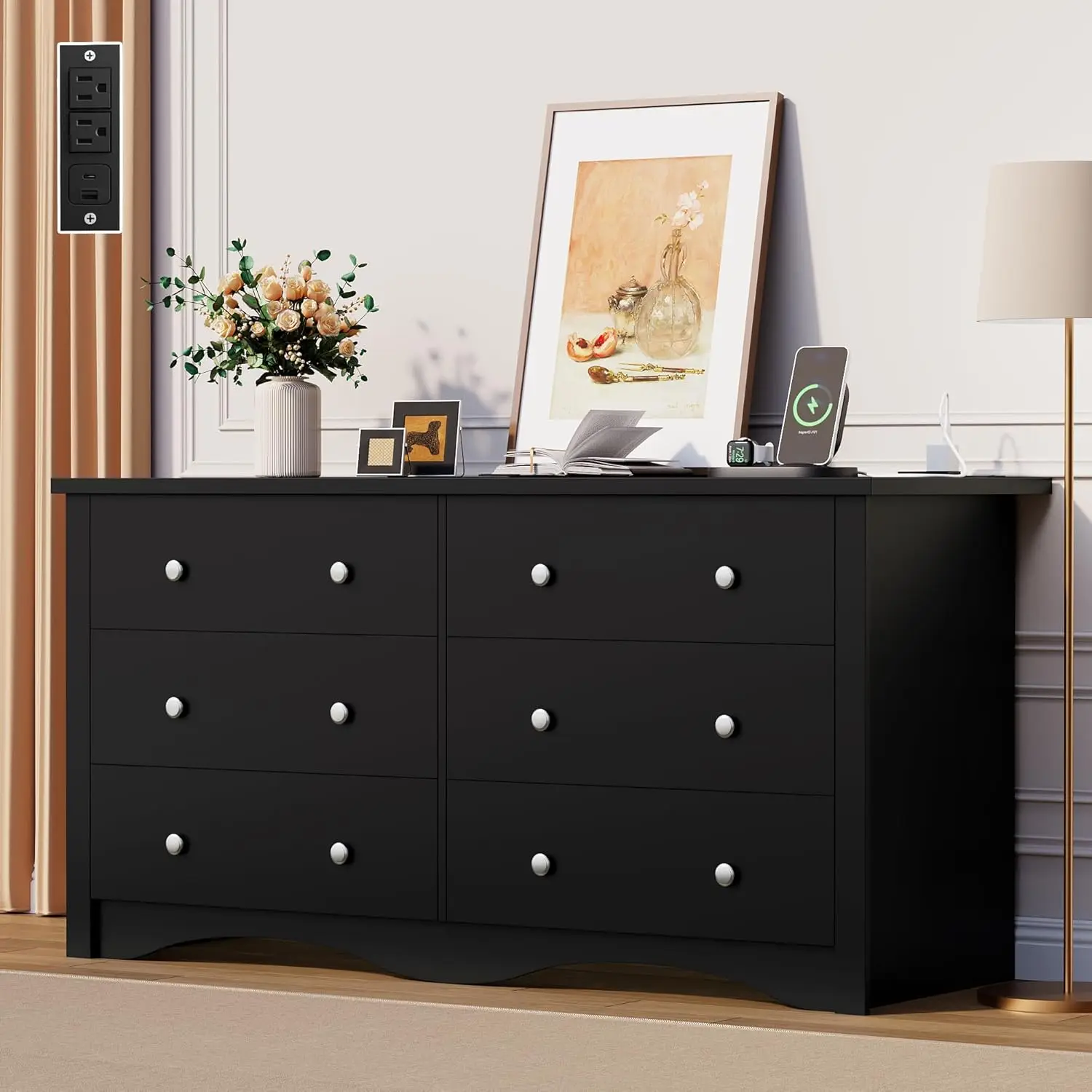 

6 Drawer Dresser with Power Outlet, Modern Wooden Chest of Drawers, Multipurpose TV Stand & Closet for Bedroom, Living Room