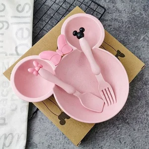 Cartoon Baby Bowl Tableware Set, wheat straw dishes, children's feeding dish, Bowknot Food Plate, spoon, fork, 3pcs per set 10 Main Sales Bowl - №4