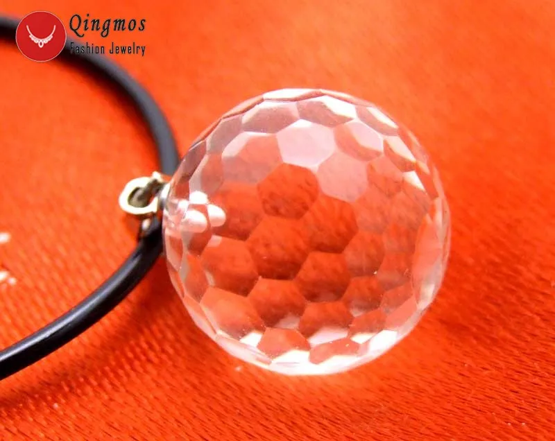 Qingmos 16mm Round Faceted Natural White Transparent Crystal Pendant Necklace for Women with Genuine Stone Leather Cord 17-19''