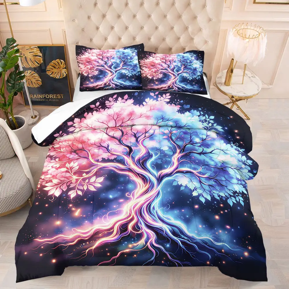 Glowing Pink Blue Life Tree Starry Digital Print Comforter Set Quilt Bedding Set With Pillowcase Fantasy Girls Bedroom Decor