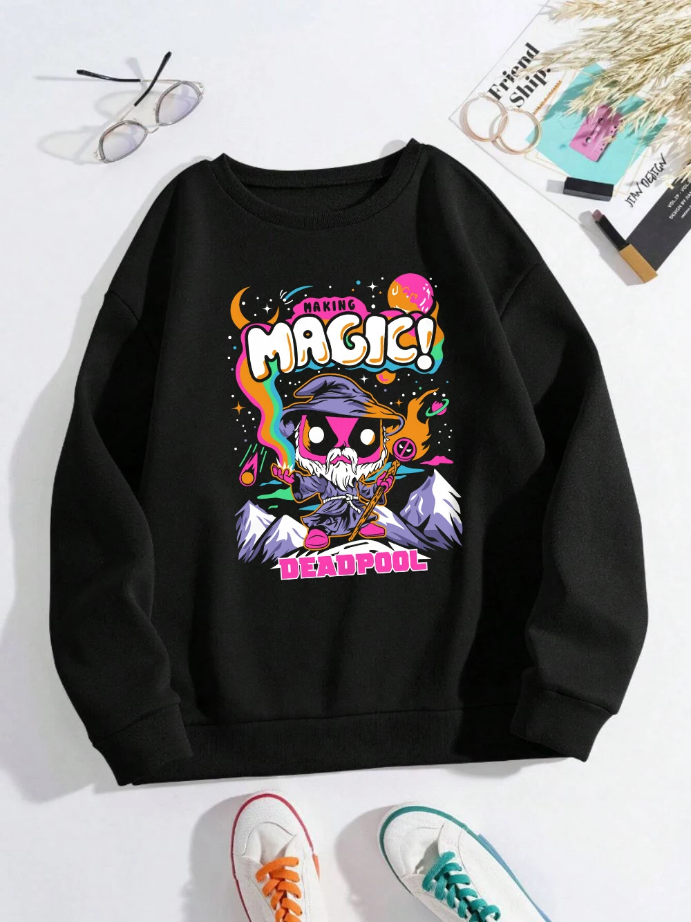 ماجيك ديدبول البلوز المرأة الرسوم المتحركة طباعة هوديي فضفاض الصوف الدافئة Crewneck ملابس الخريف مريحة المرأة البلوز