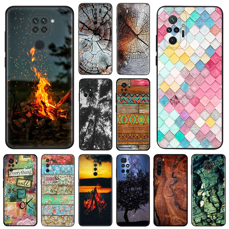 Matte Phone Cases For Redmi 9 9A 9C 9T K40 K60 A3 A2 A1 Plus Note 9s 8T 7 8 Pro A3X K60E Wood Crack Textures Black Soft Cover