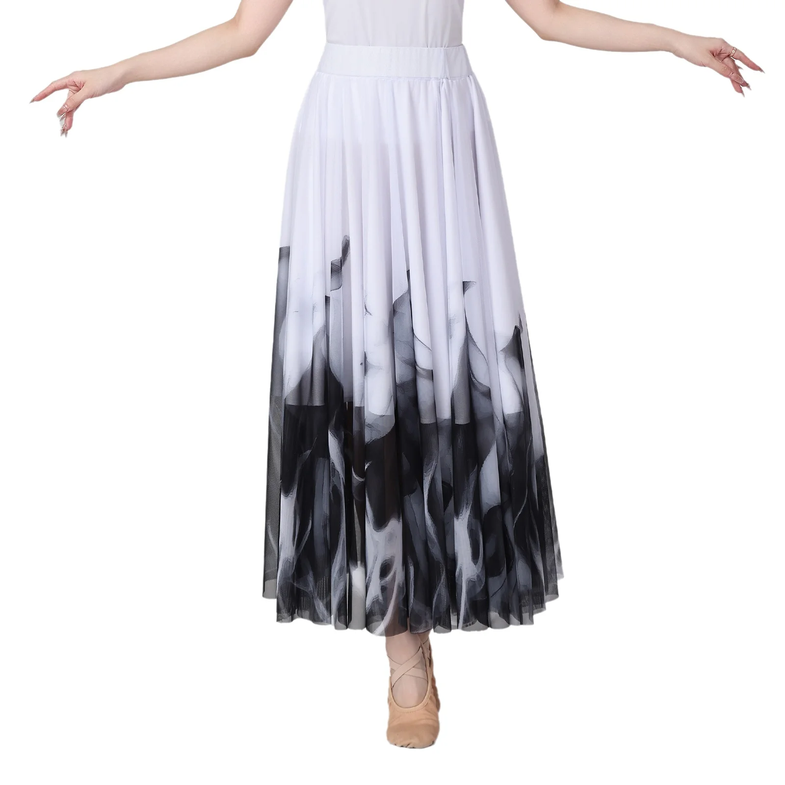 

Women Elegant Oriental Dance Skirt with Artistic Ink Painting Pattern And Flowy Mesh Design for Lyrical And Classical Dance Show
