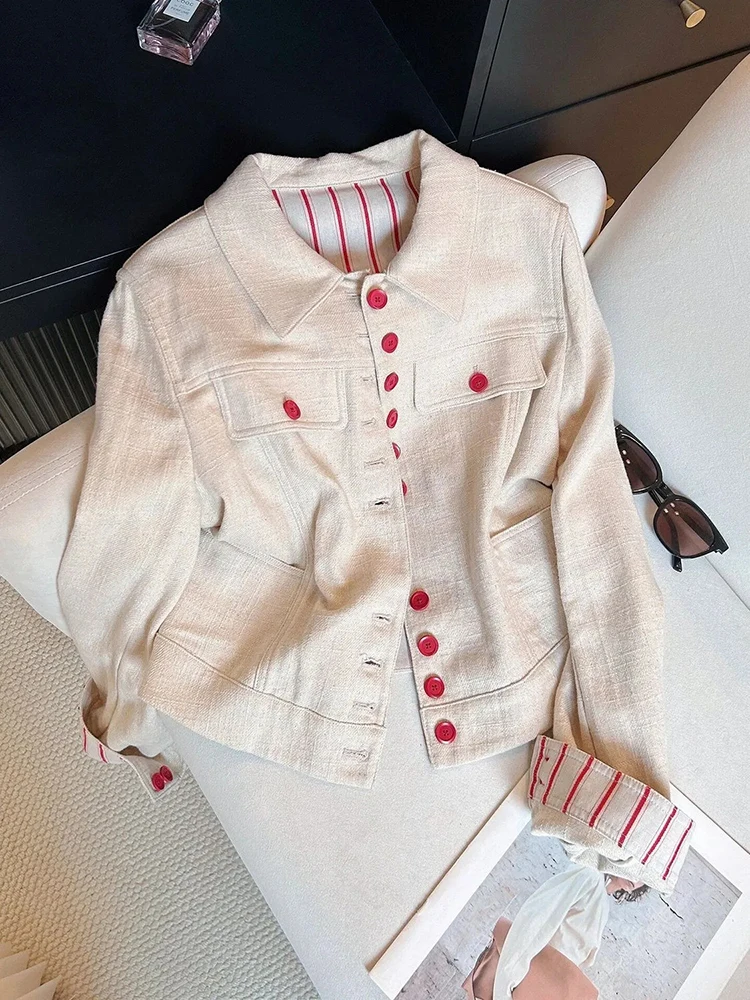 

Streetwear Striped Jacket Women Korean Vintage Button Patchwork Casual Coats Long Sleeve Loose Office Lady Simple Retro Outwear