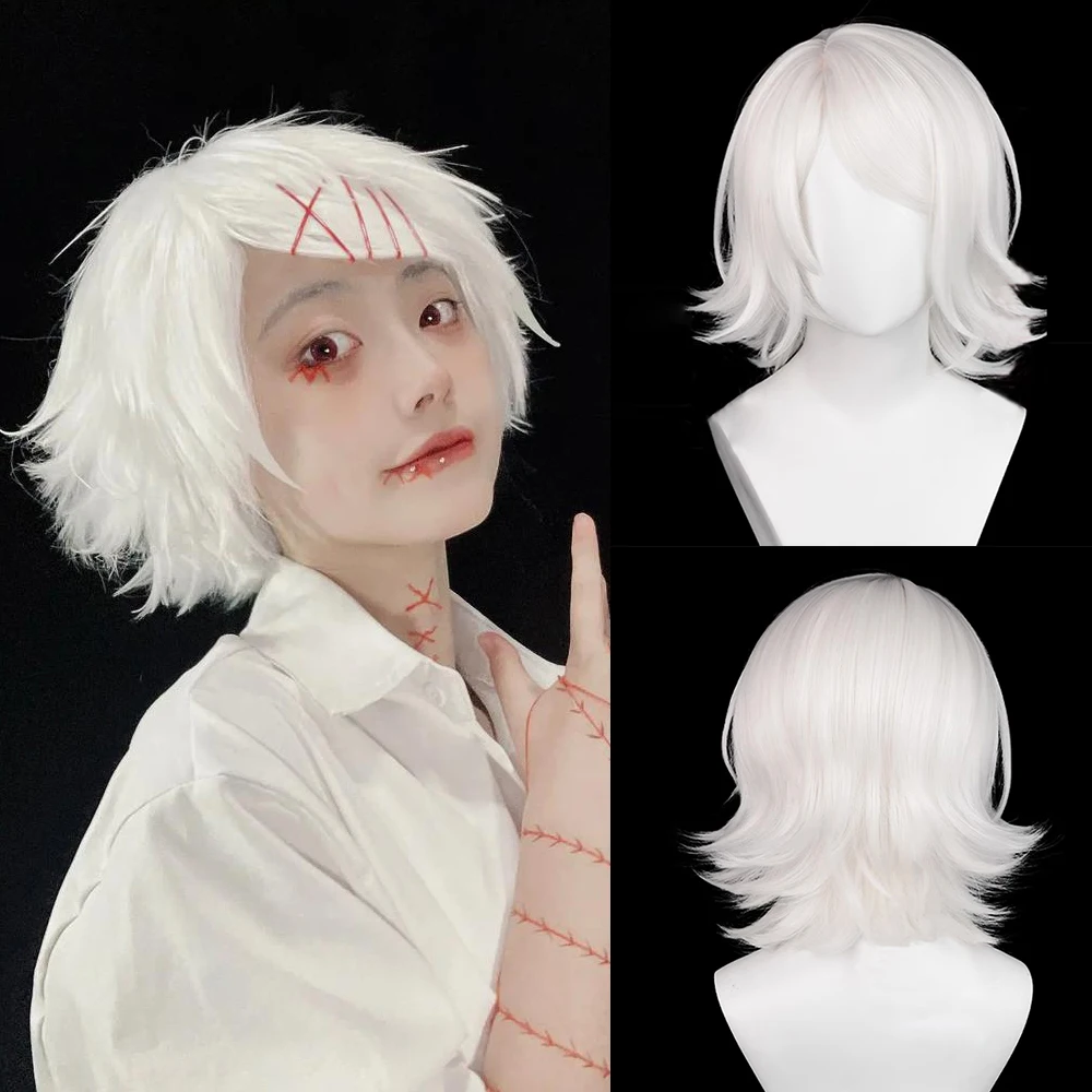 Men White Anime Game Cosplay Wig with Bangs Synthetic Short Straight Fluffy Heat Resistant Wig for Daily Party