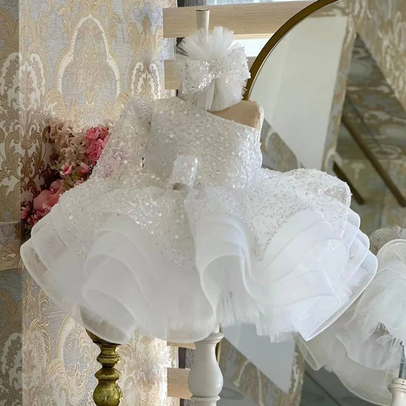 2025 White One-Shoulder Long Sleeve Princess Dress Sparkling Sequin Tutu for Birthday Party and Runway Modeling Baby Girl Dress