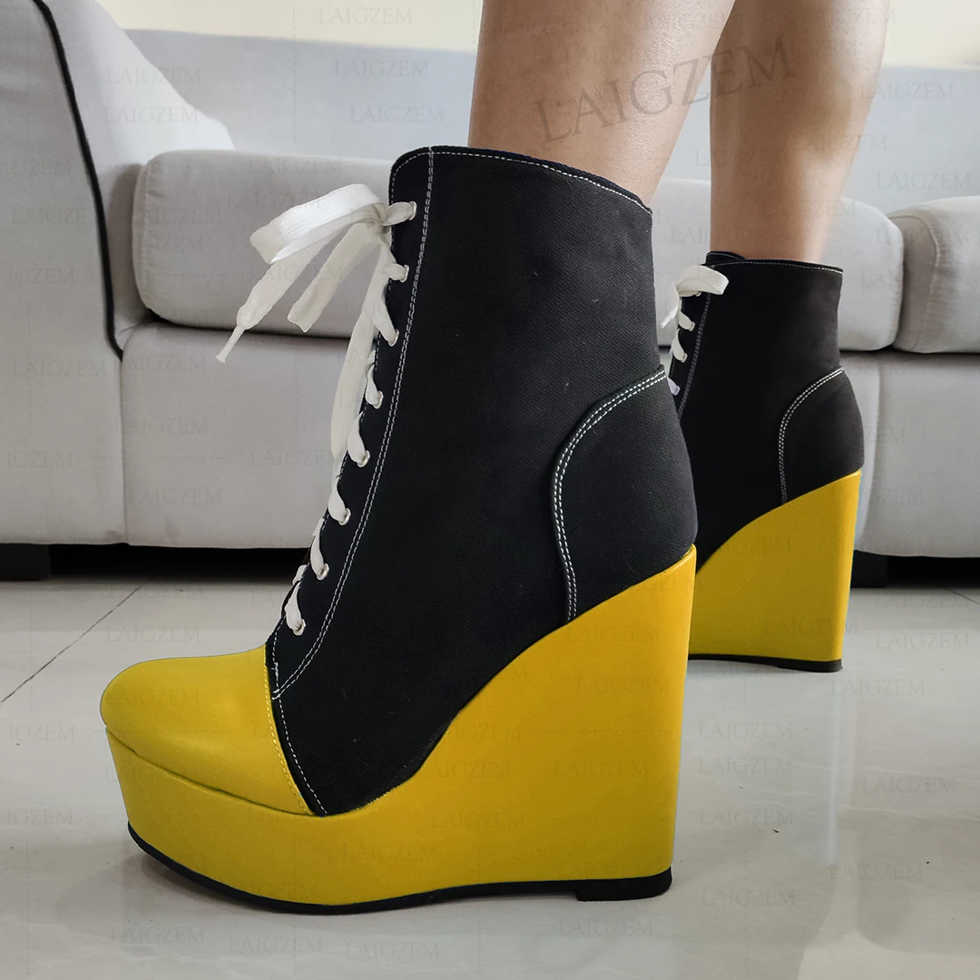 LAIGZEM Women Ankle Boots Platform Wedges Lace Up Short Booties Height Increase Comfortable Shoes Woman Big Size 41 43 46 50 52