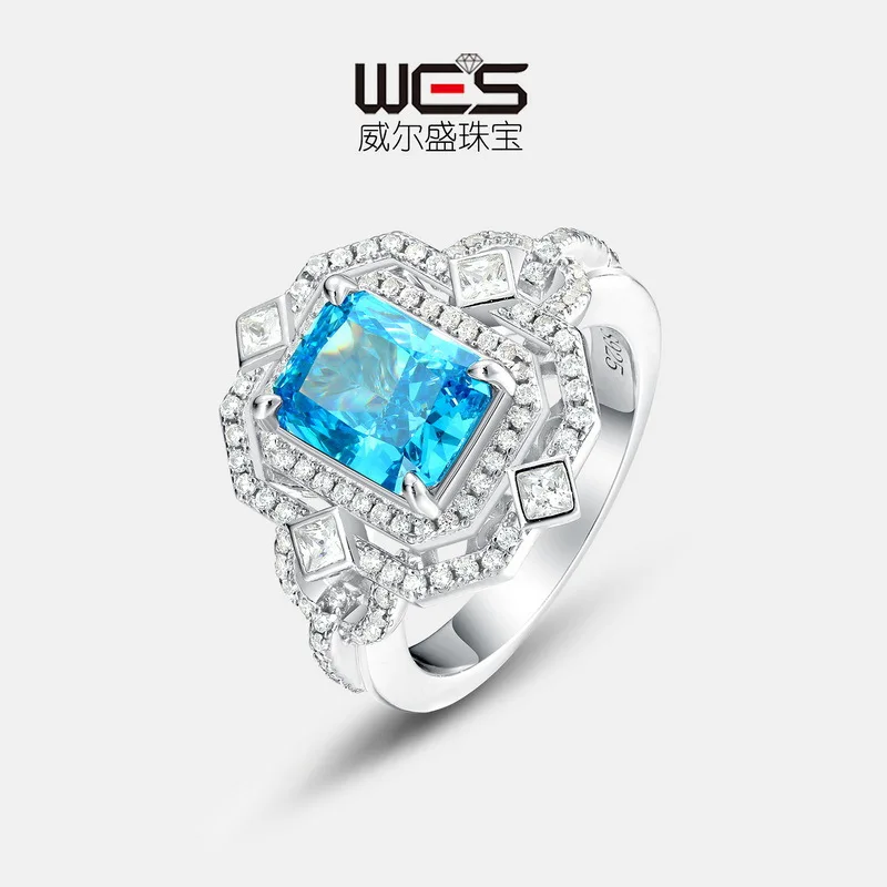 

New Light Sea Blue High Carbon Diamond Ring for Women 18K Gold Inlaid with Colored Baby Stones PT950 Platinum Ring Fashion