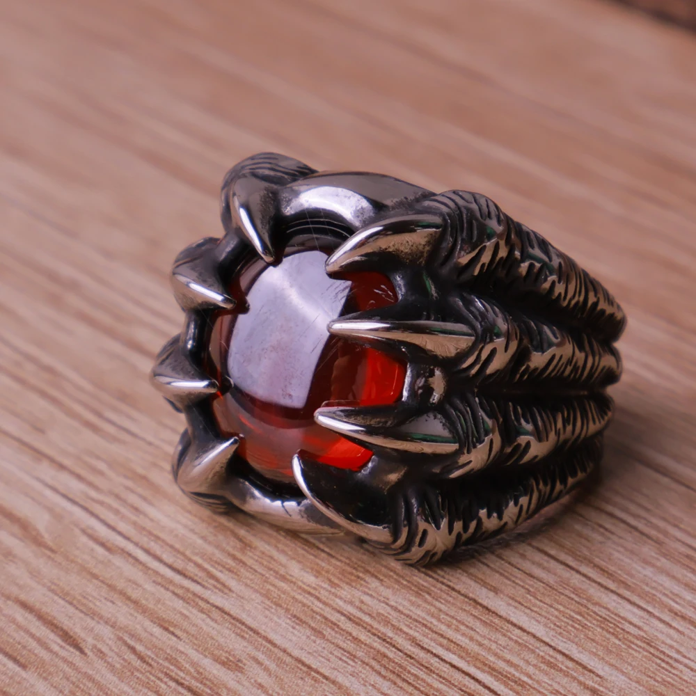 Vintage Big Stone Stainless Steel Dragon Claw Ring Mens Fashion Personality Punk Hip Hop Black Red Stone Ring Jewelry Wholesale