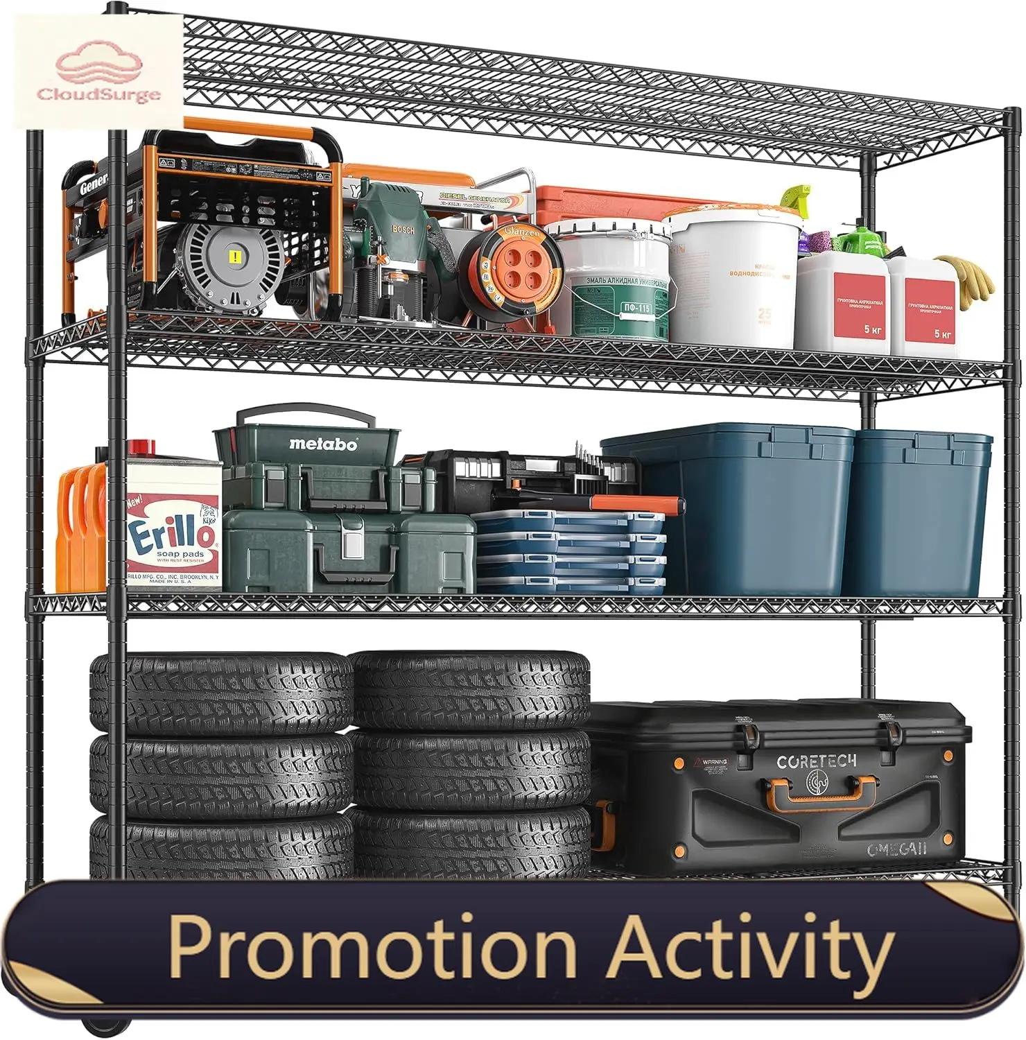 

Стеллажи для хранения высотой 75,6 дюйма, грузоподъемностью 2500 фунтов, с колесами, металлические, усиленные, проволочные полки для гаража, регулируемые