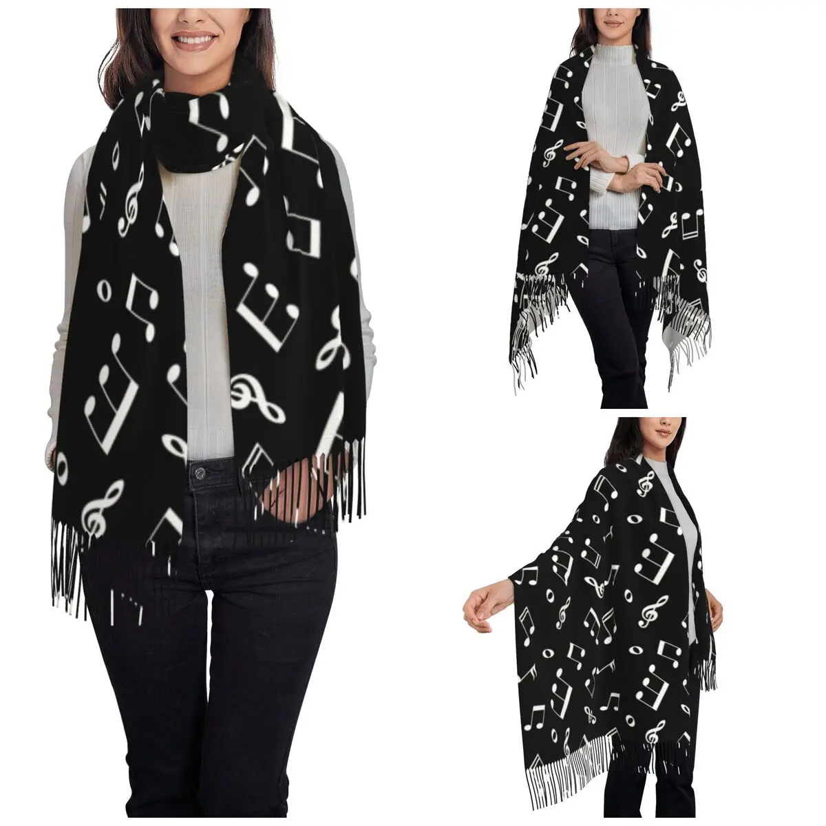 Womens Tassel Scarf Music Notes Large Winter Warm Shawl and Wrap Musical Cute Cartoon Gifts Pashmina Scarves