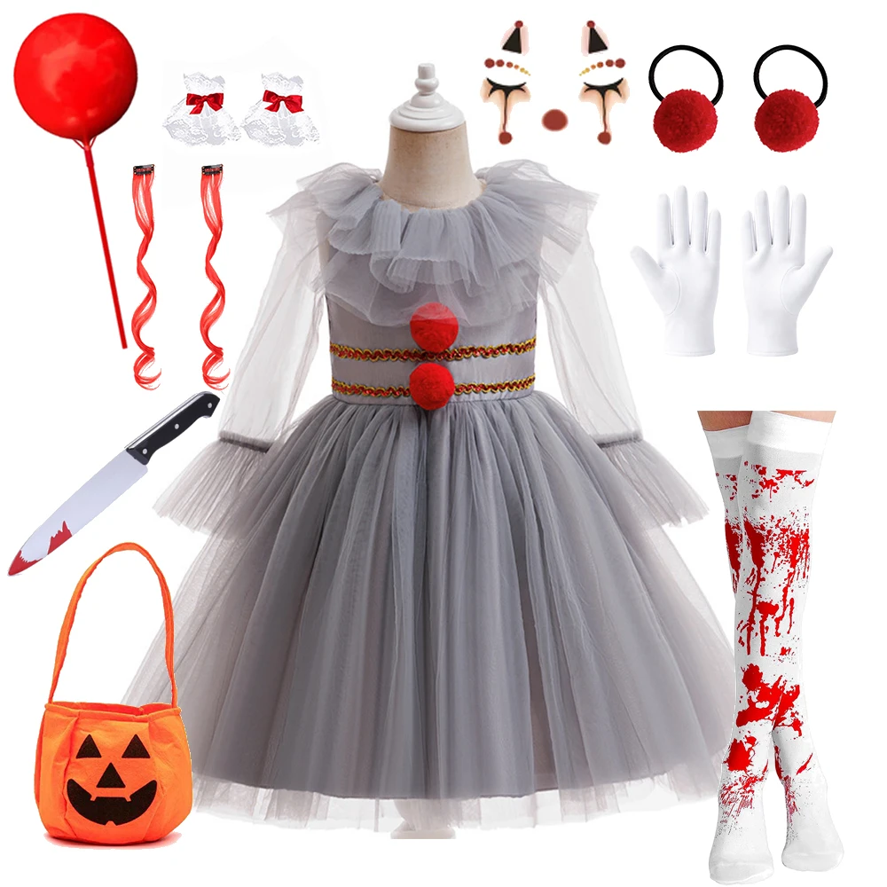 Kids Girls Clown Cosplay Fancy Dress Gray Tulle Gown Red Pom Pom Flare Sleeve With Gloves For Halloween Party