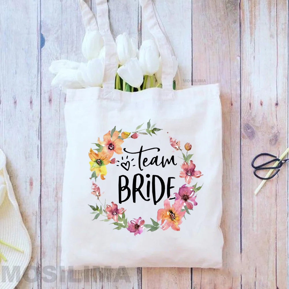 Team Bride Printing Fashion Shoulder Bags Canvas Tote Shopping Bags Reusable Travel Bags Bachelorette Wedding Bridal Party Beg