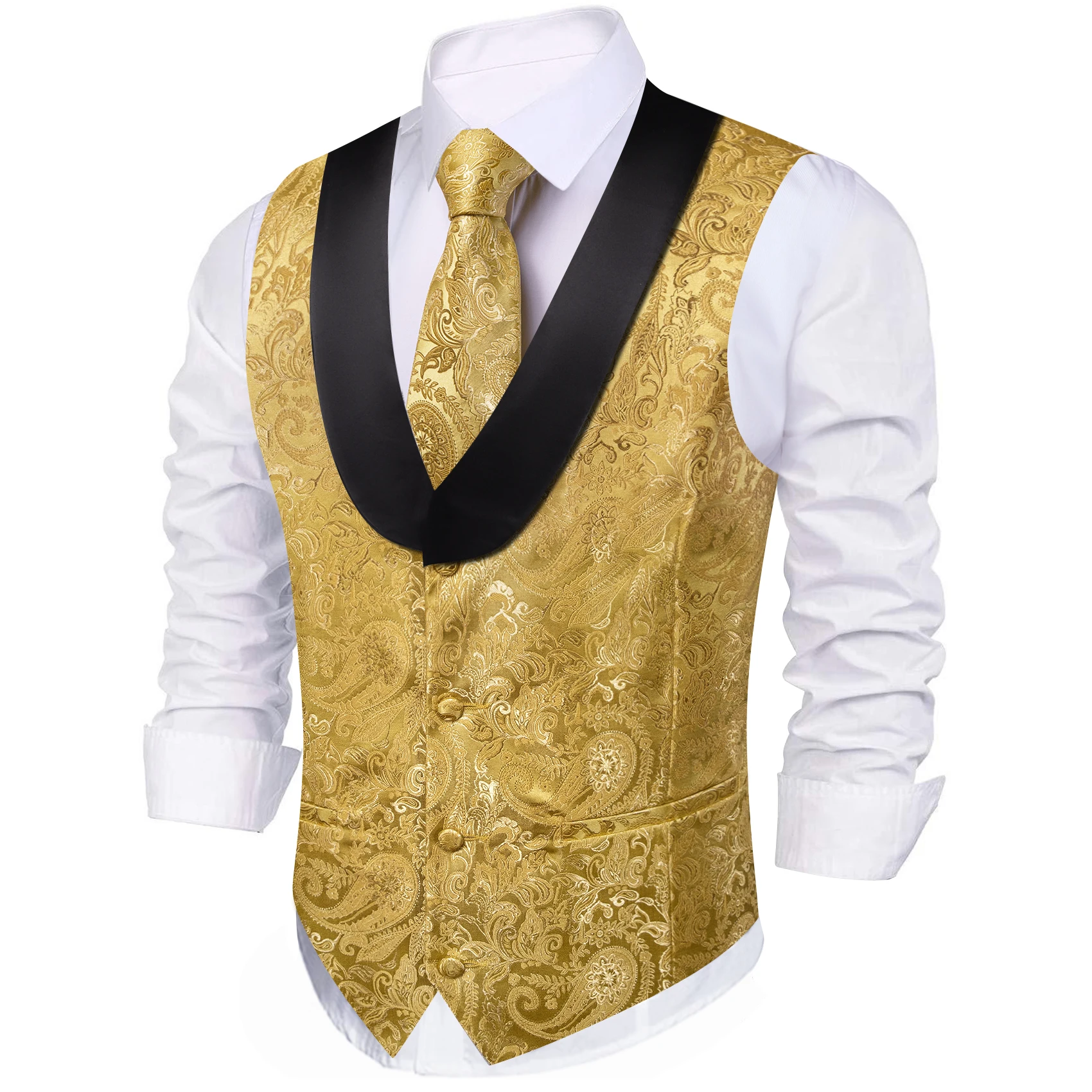 Barry.Wang Silk Men Shawl Collar Vest Jacquard Paisley Floral Waistcoat Tie Hanky Cufflinks Set Sleeveless Jacket Wedding Office