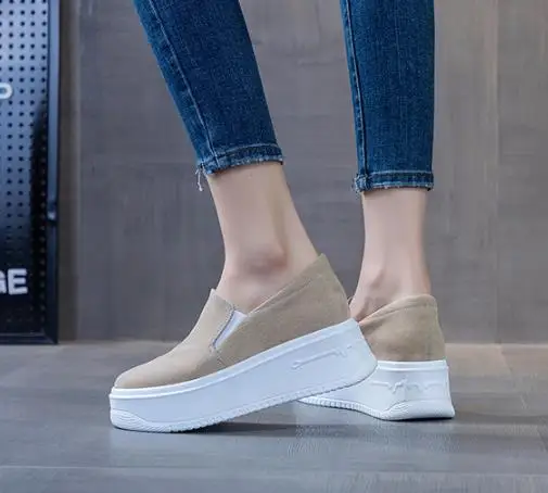 Sepatu mokasin Platform musim semi, sepatu loafer wanita kasual Chunky bersirkulasi flat Wedge Platform musim gugur kulit asli 8CM