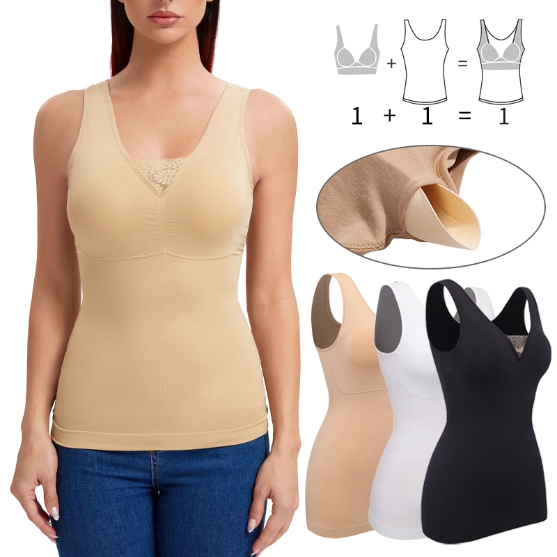 

Women Shapewear Camis with Built in Bra Tummy Control Camisole Lace Tank Top Undershirts Slimming Body Shaper Compression Vest