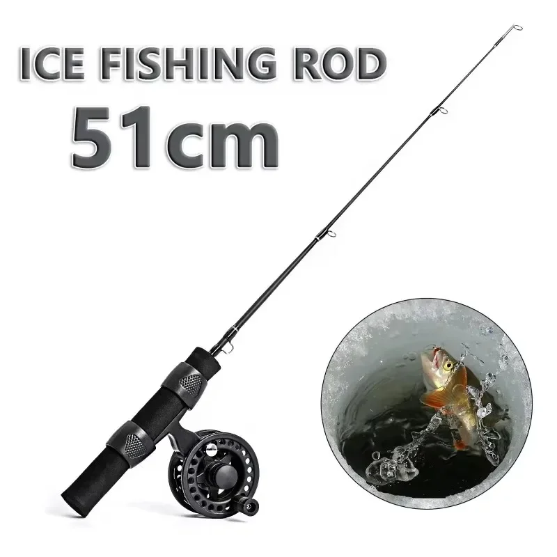 Black Single Section Ice Fishing Rod 51cm Ultralight Winter Shrimp Ice Fishing Pole with Reel Portable Spinning Casting Fish Rod