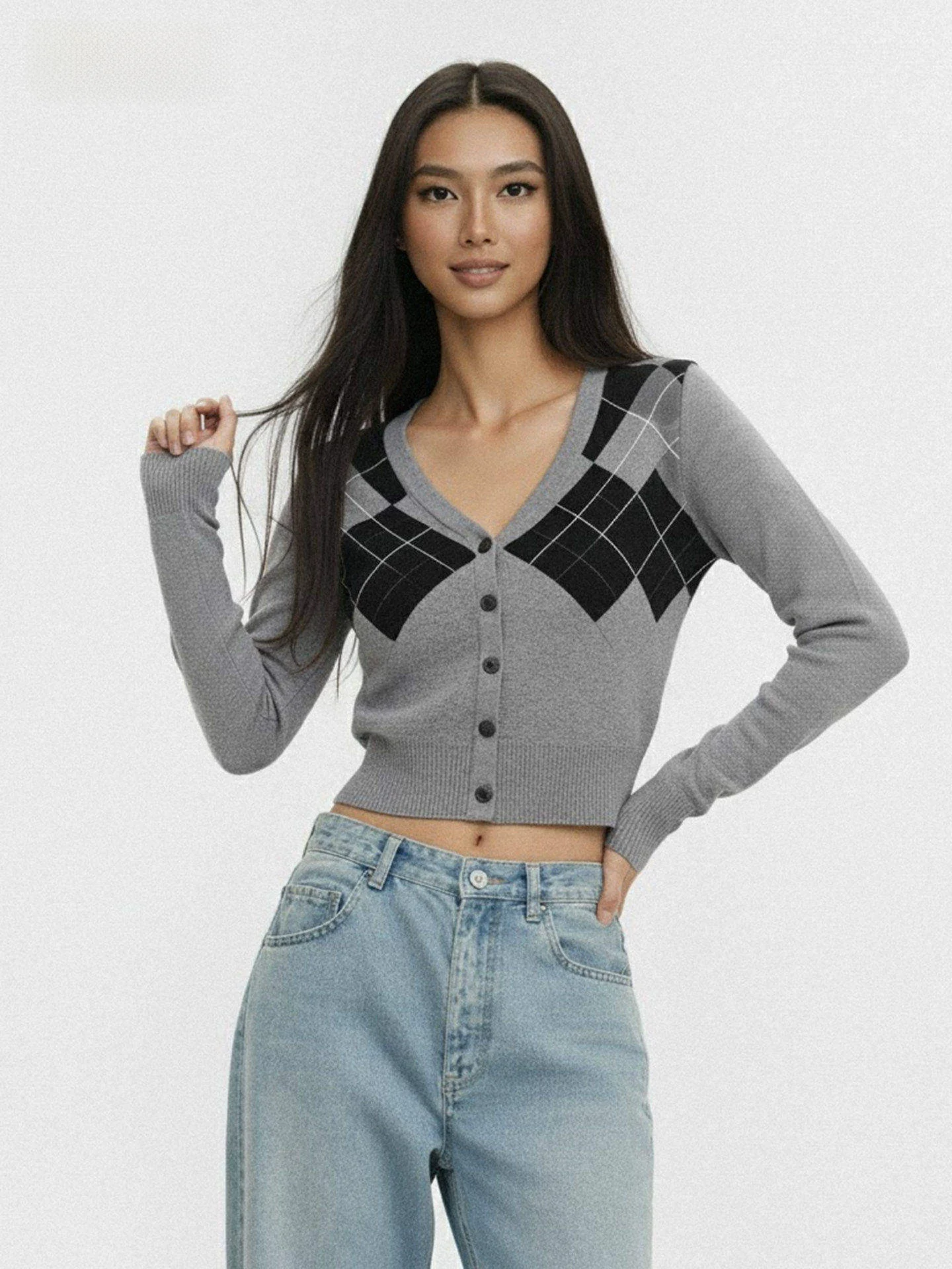 

Вязаный кардиган WAEW с геометрическим узором, V-образным вырезом, приталенный, с длинными рукавами, теплый, в университетском стиле, вязаный топ для...