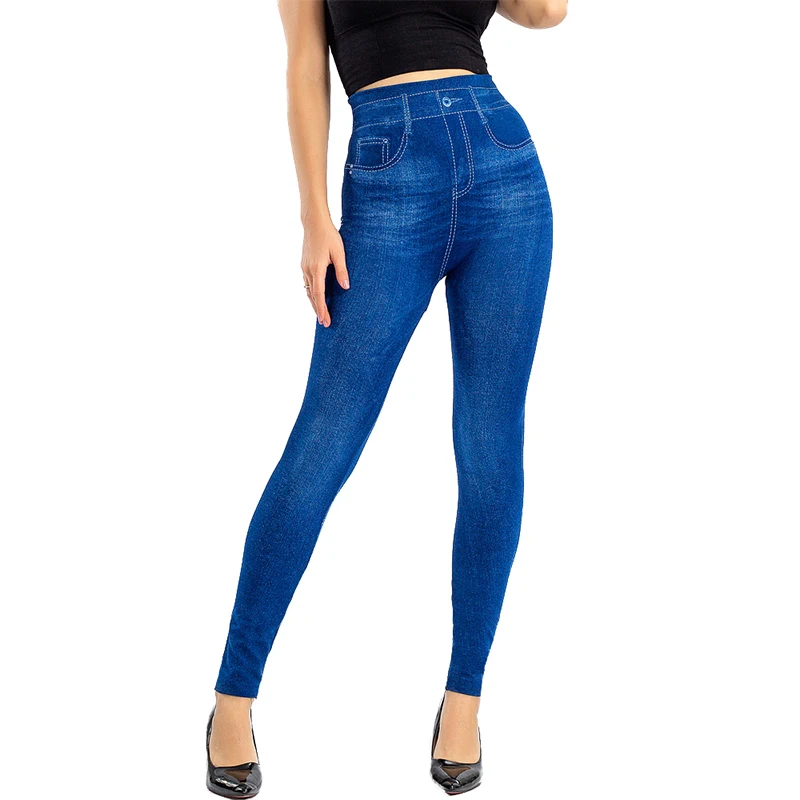 PD394 Flat WOMEN\'S Sexy Seamless Leggings with High Waist and Warm Imitation Denim High Elasticity Denim Tight Pants