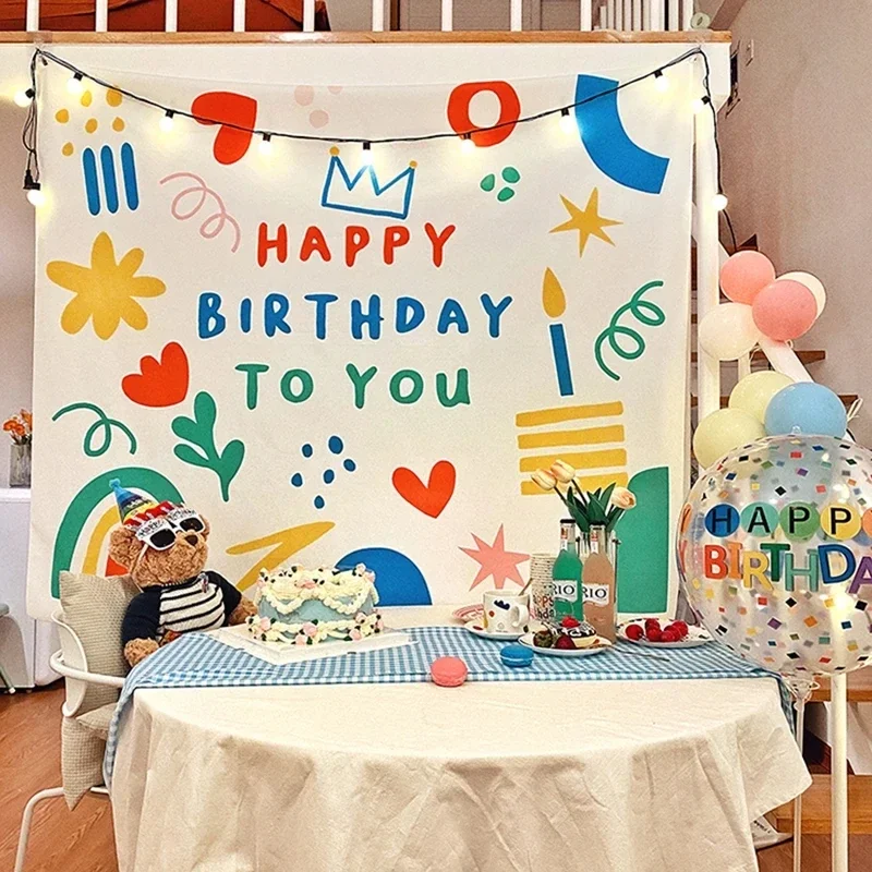 

Happy Birthday Background Tapestry Cloth Kawaii Children's Room Wall Decoration Kids' Dormitory Cartoons Home Party Decor