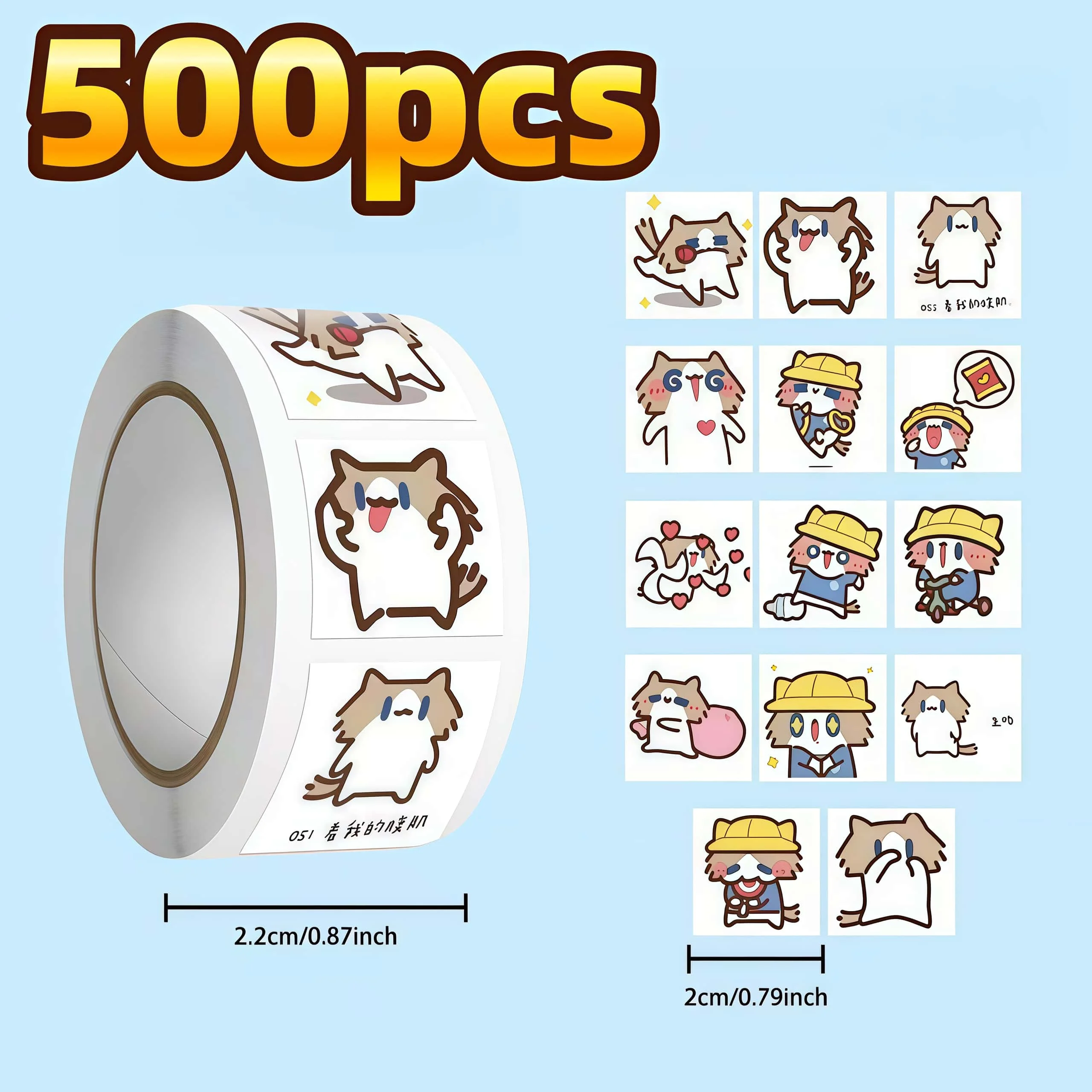 500Pcs Cute Fluffy Cat Sticker Roll, Multi Expression Cartoon Ragdoll Kitten Labels for Package Sealing, Journal & DIY Craft