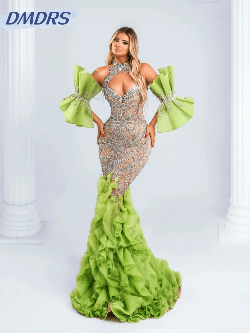 Ruffled Crystal Mermaid Long Evening Dress Detachable Sleeve Illusion Halter Wedding Party Gown Customized Luxury Prom Dresses