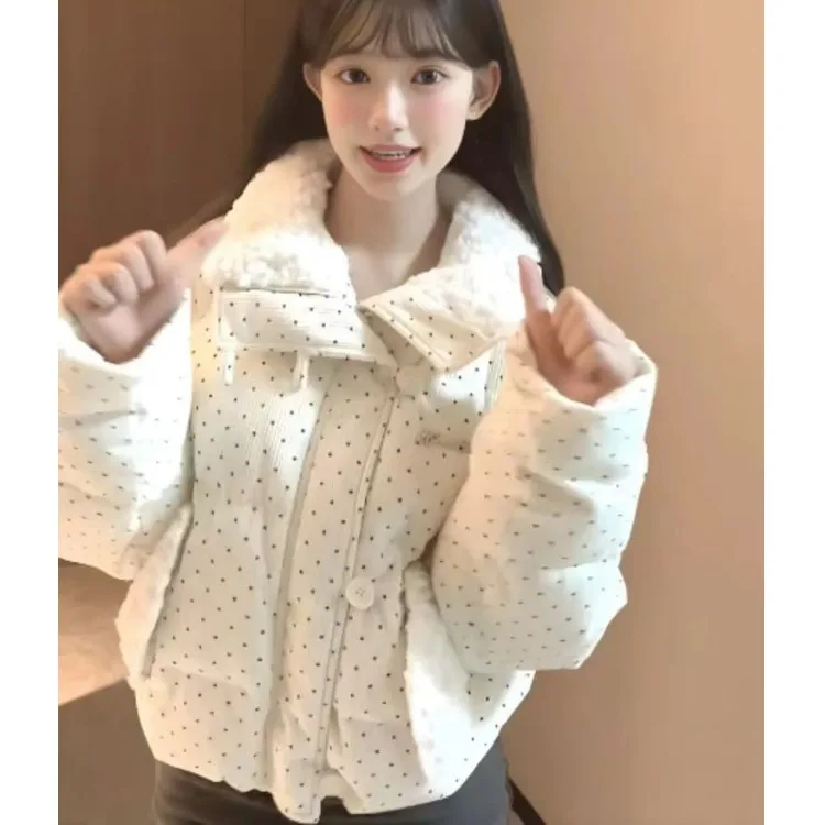 Korean Sweet Dot Pattern down Collar Cotton Jaet Women's Loose Thi Warm ort Bread Sle Autumn Winter Outerwear