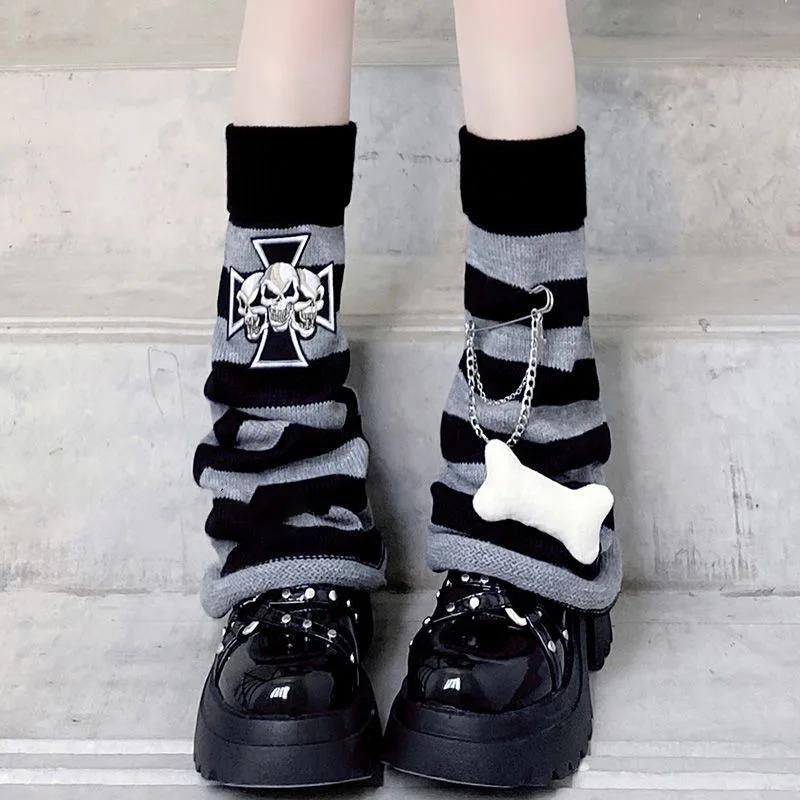 Autumn Winter Striped Skull Thigh High Socks for Women Y2K Harajuku Punk Slouch Leg Warmers Subculture Calf Socks