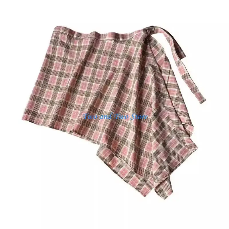 

HX6F Checkered Layered Wrap Skirt Tie Up Line Hip Scarf Overskirt Shirt Extender