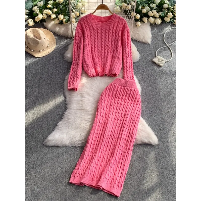 كوريا شيك سميكة الملتوية Crewneck سترة المرأة الشتاء عالية الخصر ضئيلة محبوك تمتد الورك تنورة المرأة قطعتين دعوى