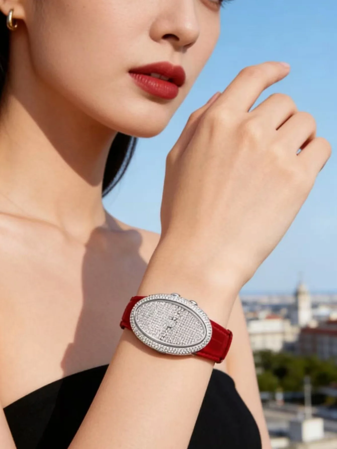 High end bright color series fashion trend touch women's leather diamond quartz temperament watch