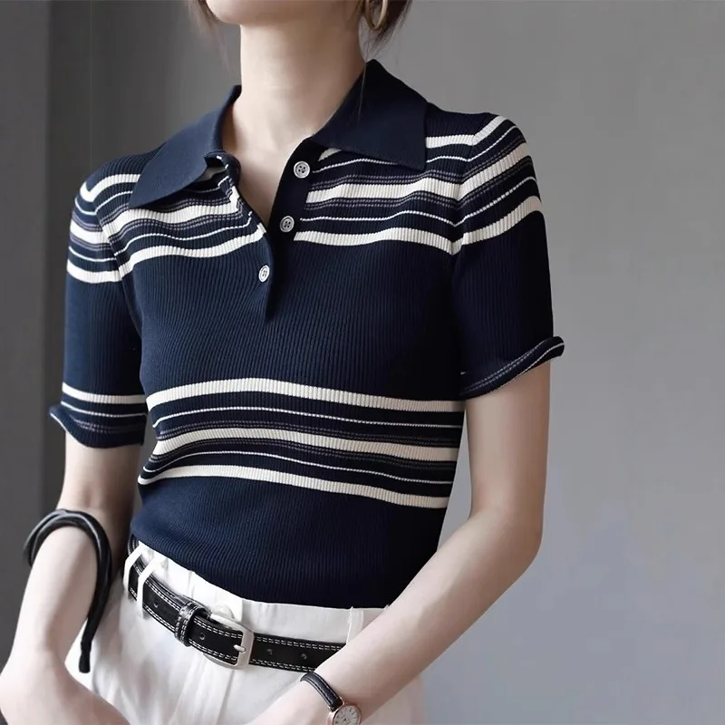 

Outlet Store Ice Linen Трикотажный топ в полоску с блузным воротником Женский модный летний комбинезон стандартного кроя ort Sve