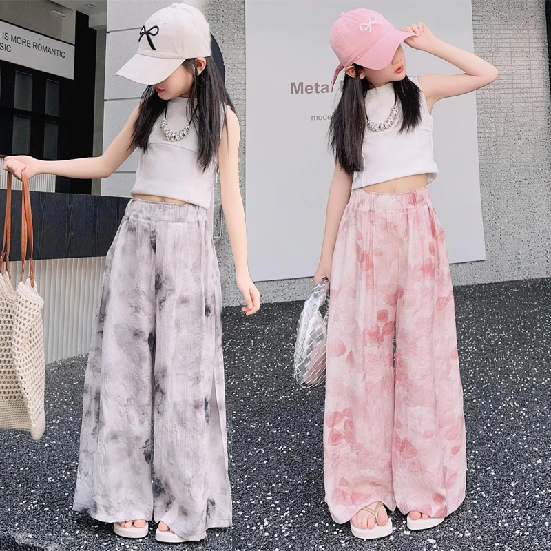 

Children Clothes Girl Summer Tie Dye Printed Lightweight Wide Leg Pants And Sleeveless Cropped Tank Top 2026 Breathable Cool