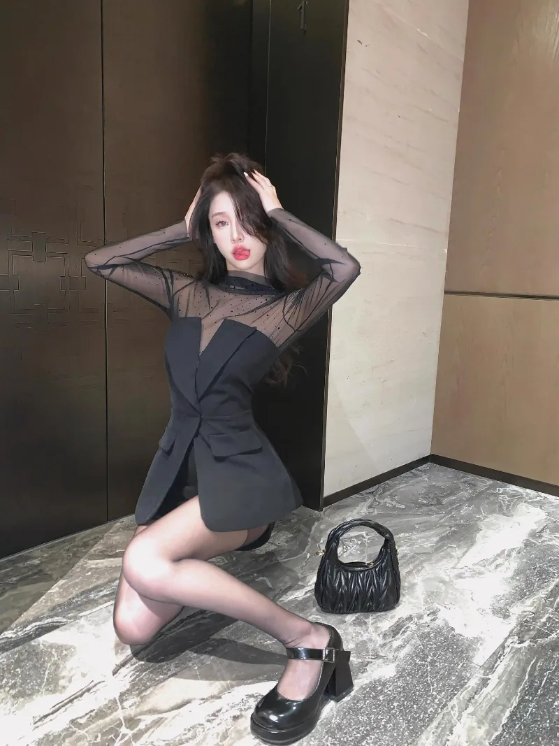 Strapless Suit Y2k Black Mesh Hot Diamond Long Sleeved T-shirts 2 Piece Sets Womens Outfits Tanks Tops Slim Camis Streetwear