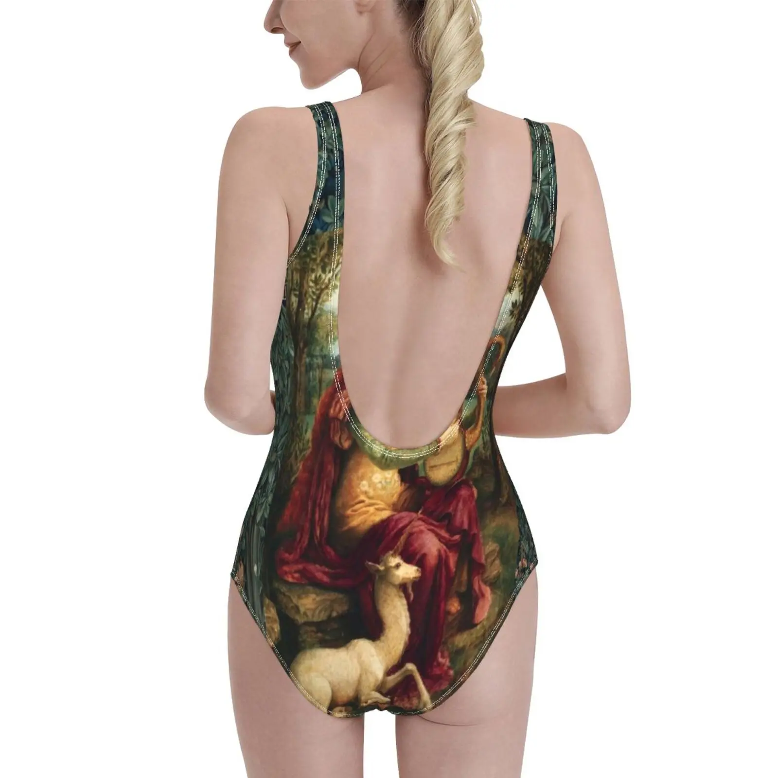 Unicorn And Lady Playing Lyra , Forest Animals , Fox , Does Sexy Print Swimwear Women One Piece Swimsuit Female Monokini