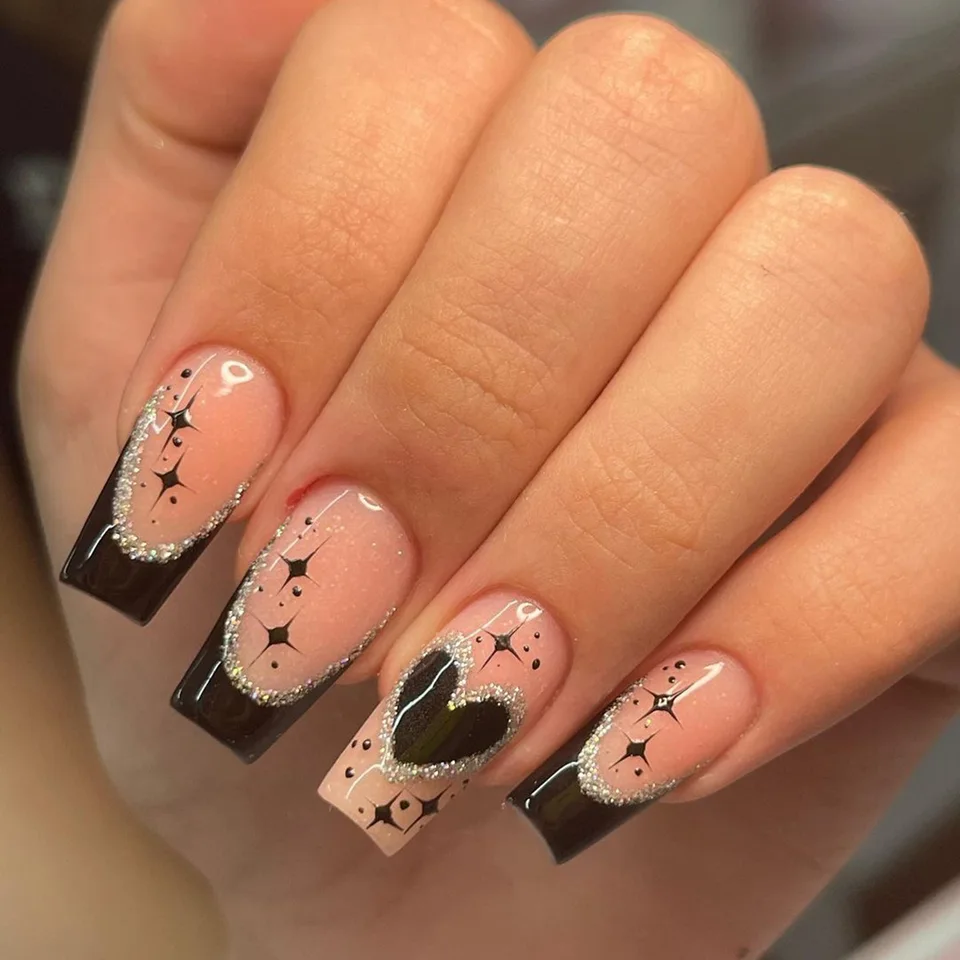 24 pzas Uñas postizas cortas cuadradas con mariposas azules y verdes, diseño francés, cobertura completa, impermeables 3