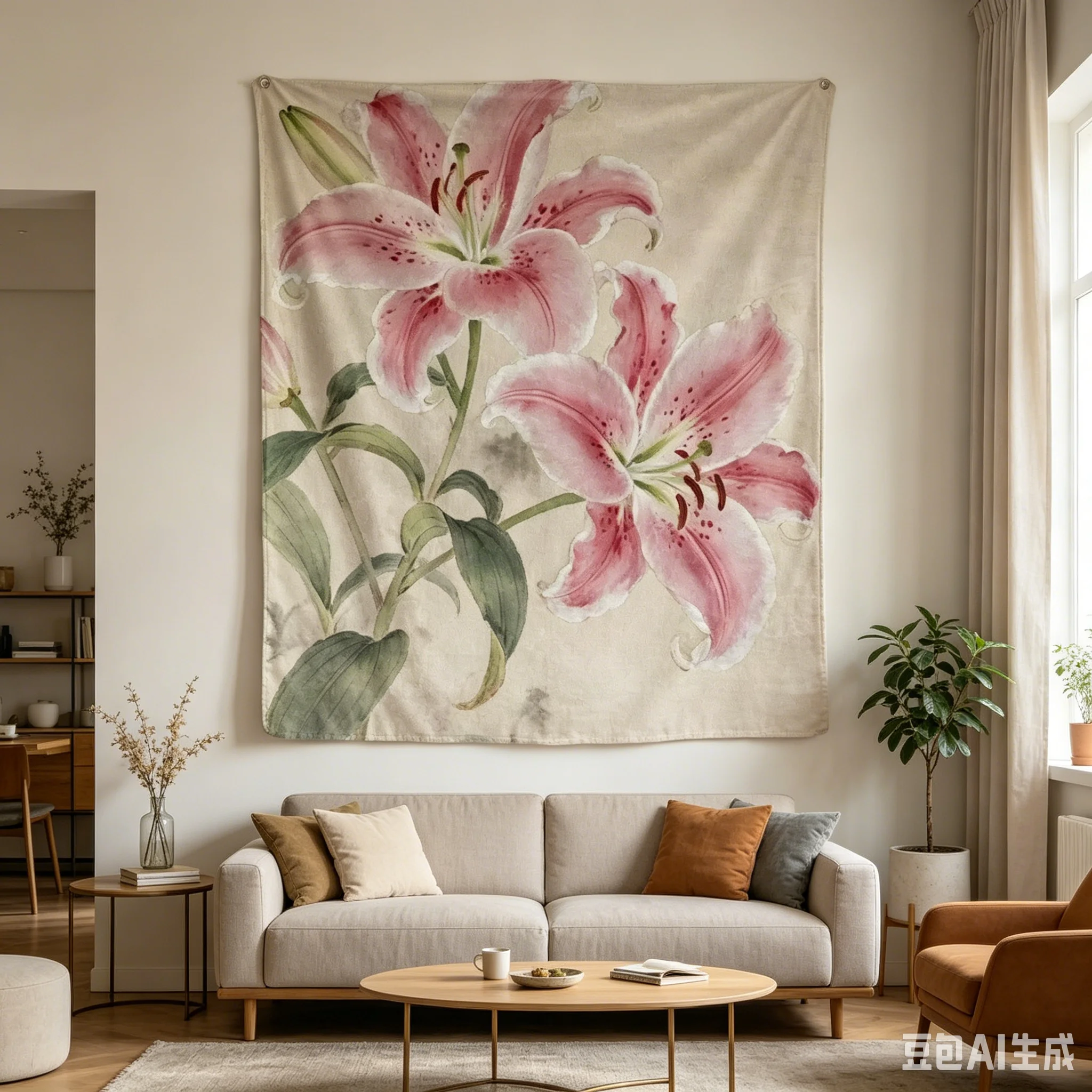 1pc Pink Lily Tapestry: Polyester 2D Flat Print. Decor for Bedroom/Living Room, Elegant Home Accessory for Floral & Minimalist S